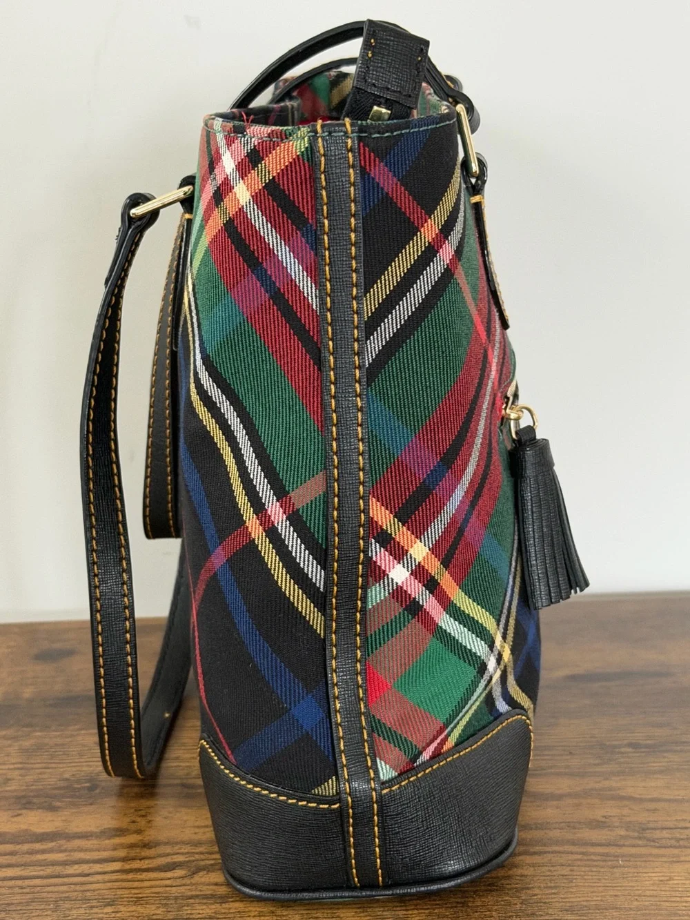 Dooney & Bourke Tartan Plaid Tote Multicolor Black Leather Trim